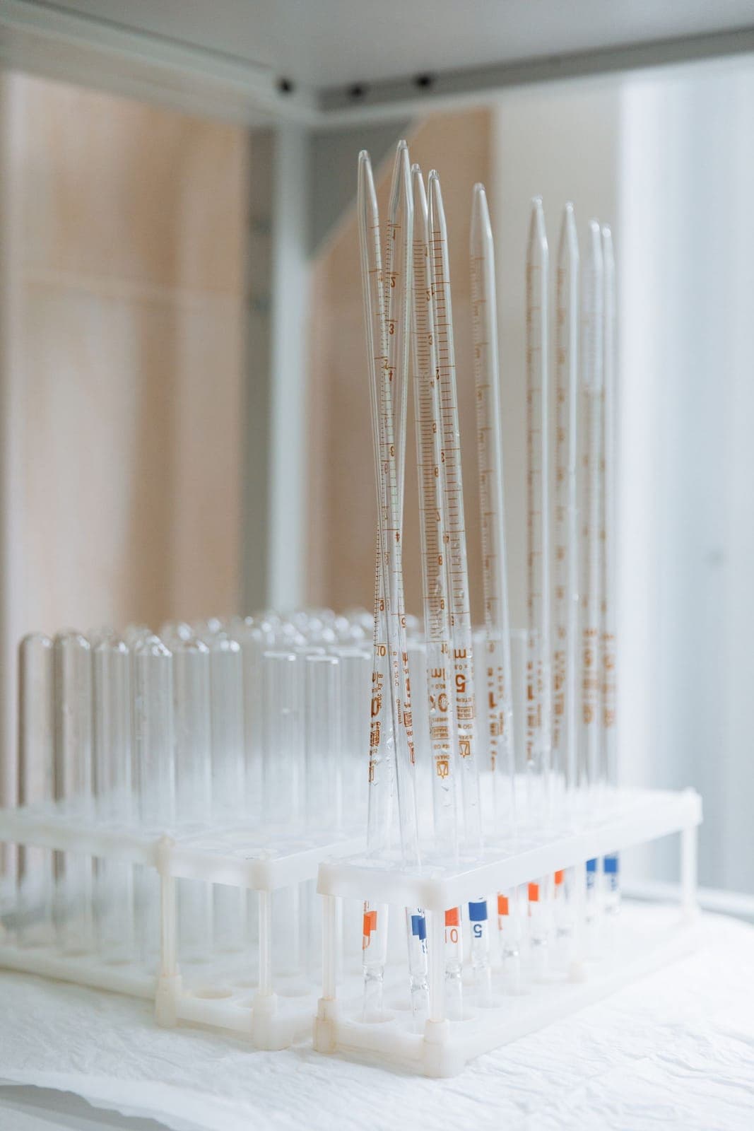 Стойка с чисти епруветки на мека светлина